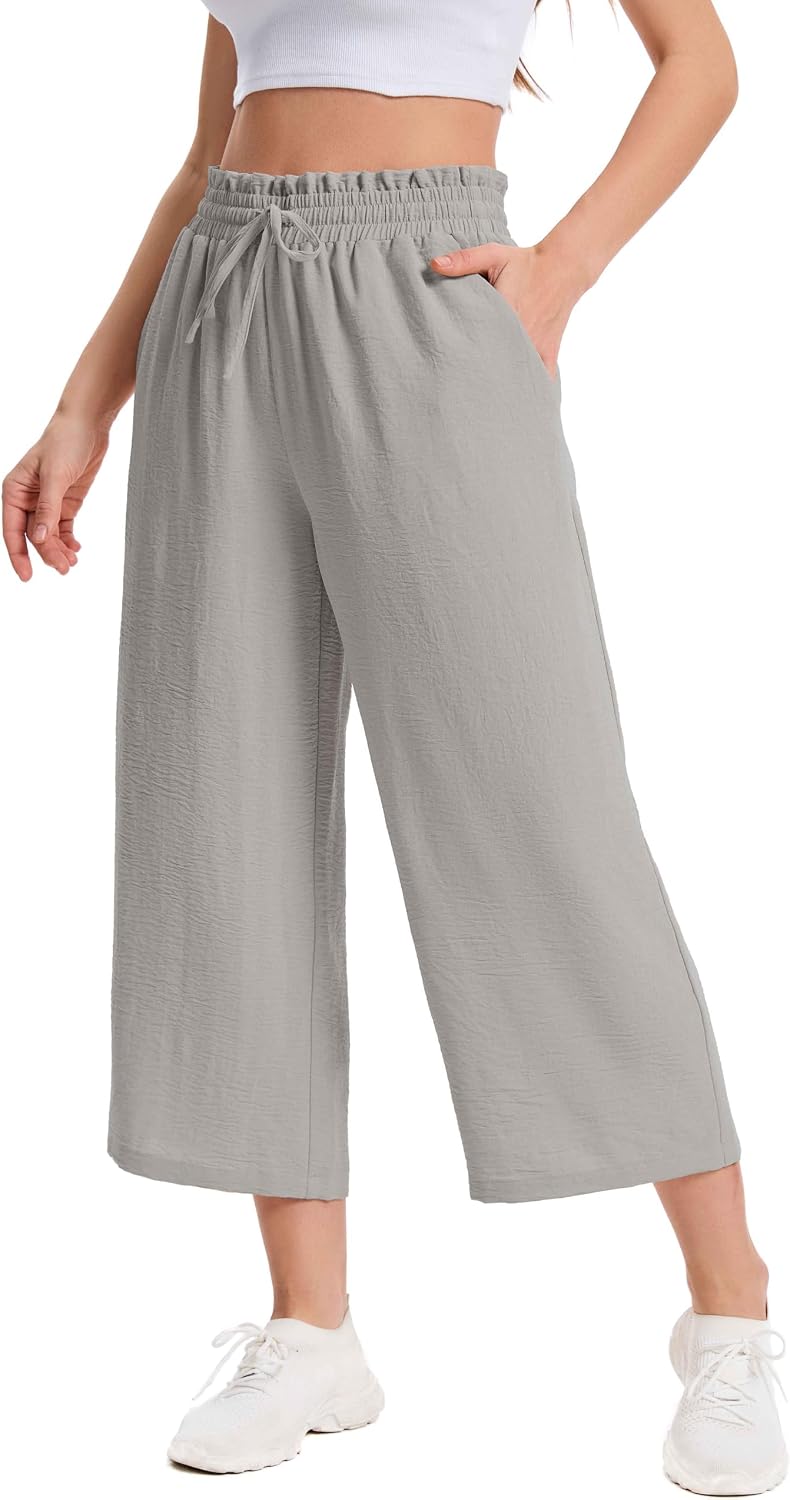 Thumbnail 5 de WUWUSKY Womens Capri Pant Wide Leg Trousers with Pocket — Elasticated High Waist Summer Linen-Feel Comfort