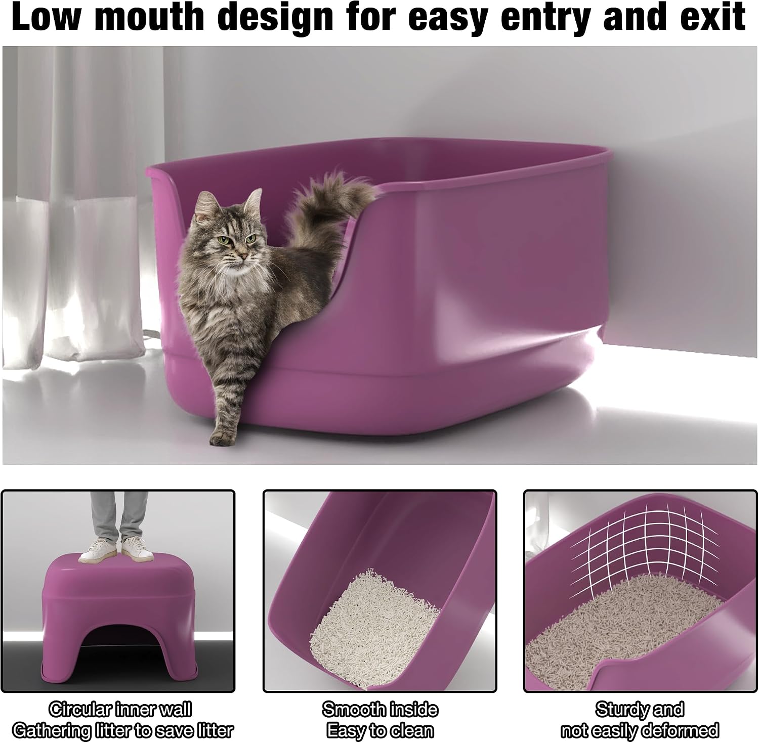 Detalle de Suhaco High Sided Jumbo Cat Litter Tray (61 x 48 x 31 cm) Anti-Splash Open Top, Extra Deep Low Entry – Pink