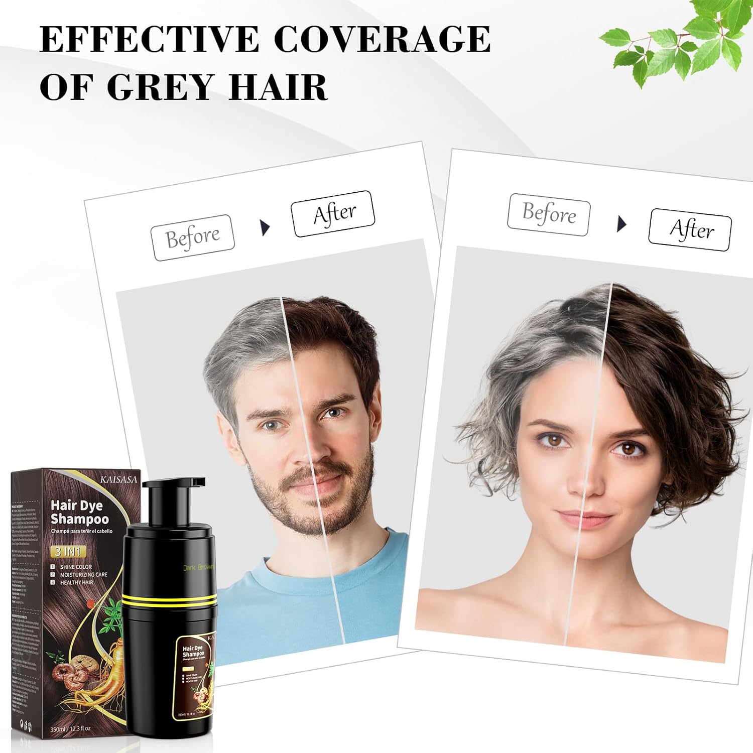 Detalle 2 de KAISASA Dark Brown Hair Dye Shampoo 3 in 1 — Grey Coverage with Gentle Herbal Formula