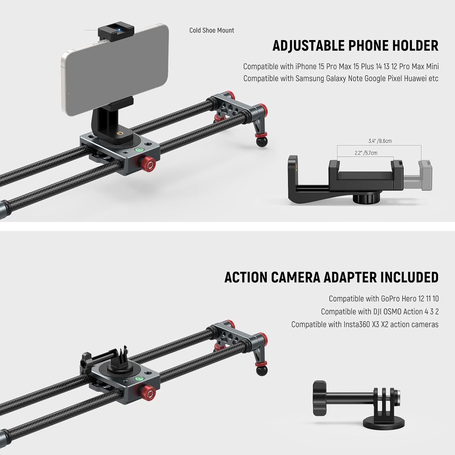 Thumbnail 4 de NEEWER 40 cm Kohlefaser Kamera-Slider Dolly Slider Schiene mit 360° Kugelkopf, Smartphone- und Action-Kamera-Halterung (CS1M)