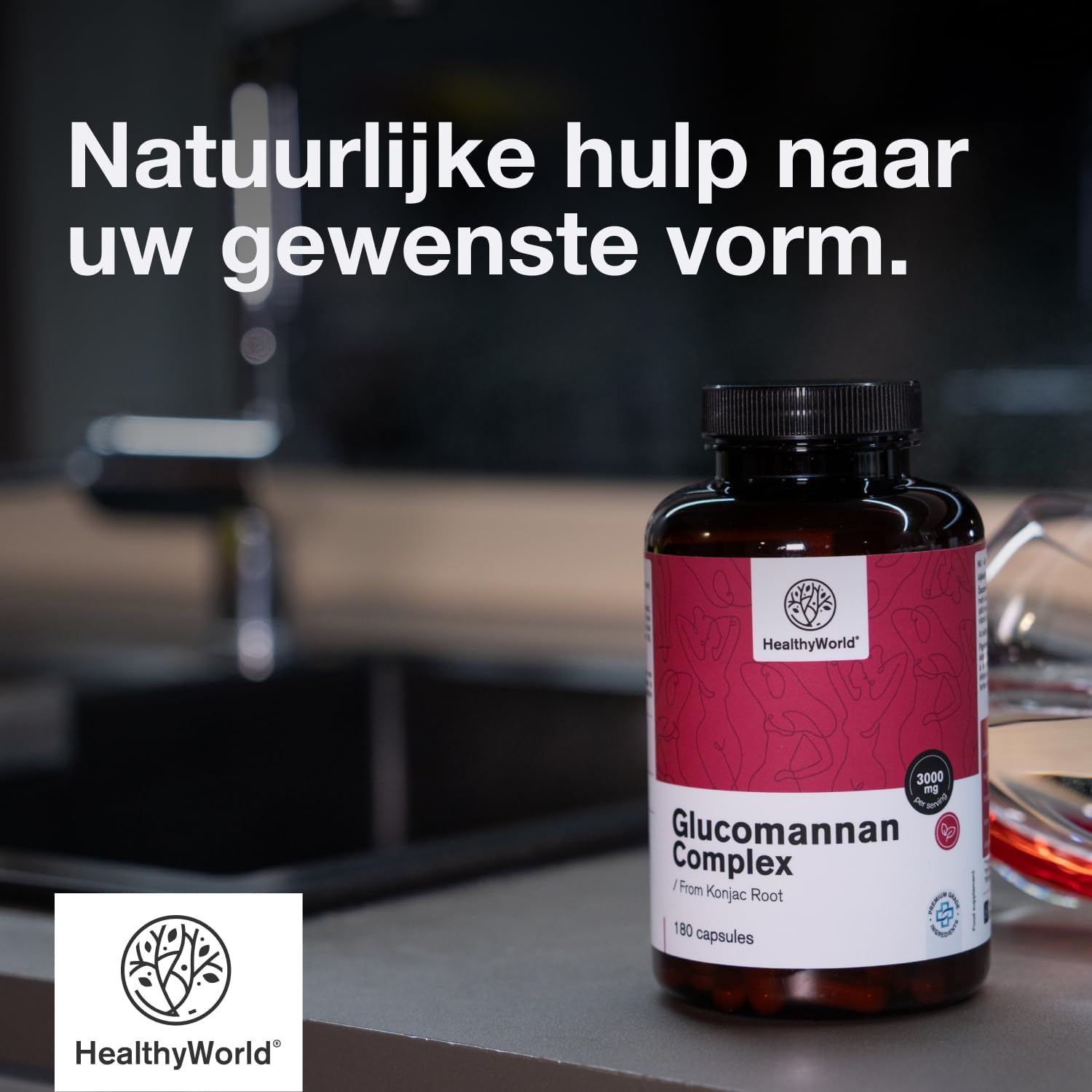 Detalle 1 de HealthyWorld Glucomannan Complex 3000 mg capsules met choline, chroom en D3