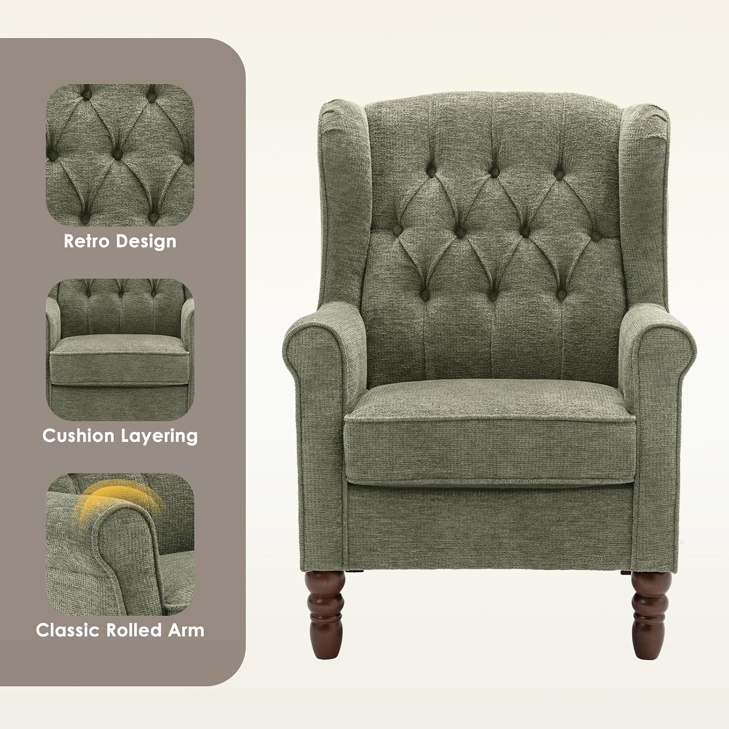 Detalle de COLAMY W290 Mid-Century Modern Wingback Accent Chair, Green Fabric
