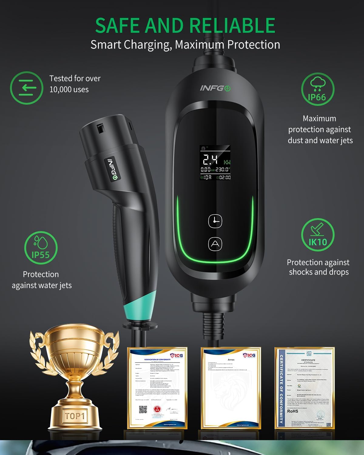 Thumbnail 6 de INFGO EV Charger 49.21ft / 15m Type 2 to 3 Pin Cable, 2.4kW with Adjustable Current and Timer