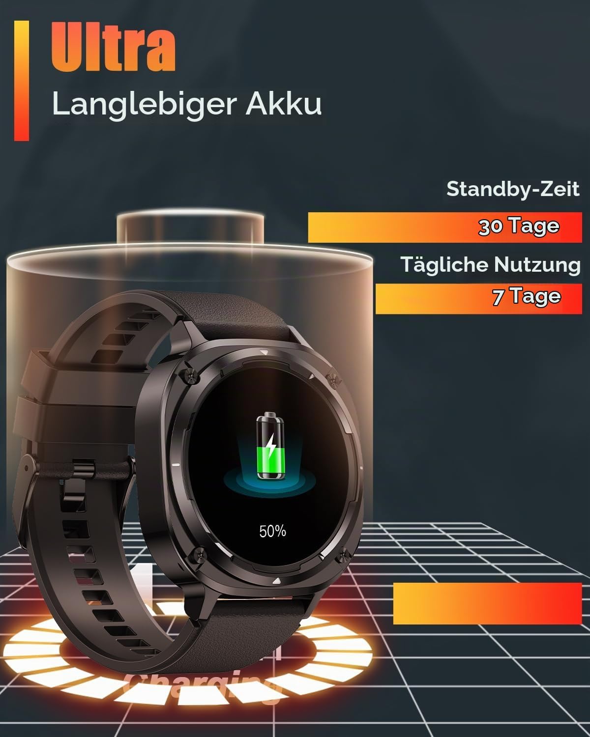 Detalle de TIMU Smartwatch für Herren – 1,45 Zoll AMOLED, Bluetooth Anruffunktion und 30 Tage Standby