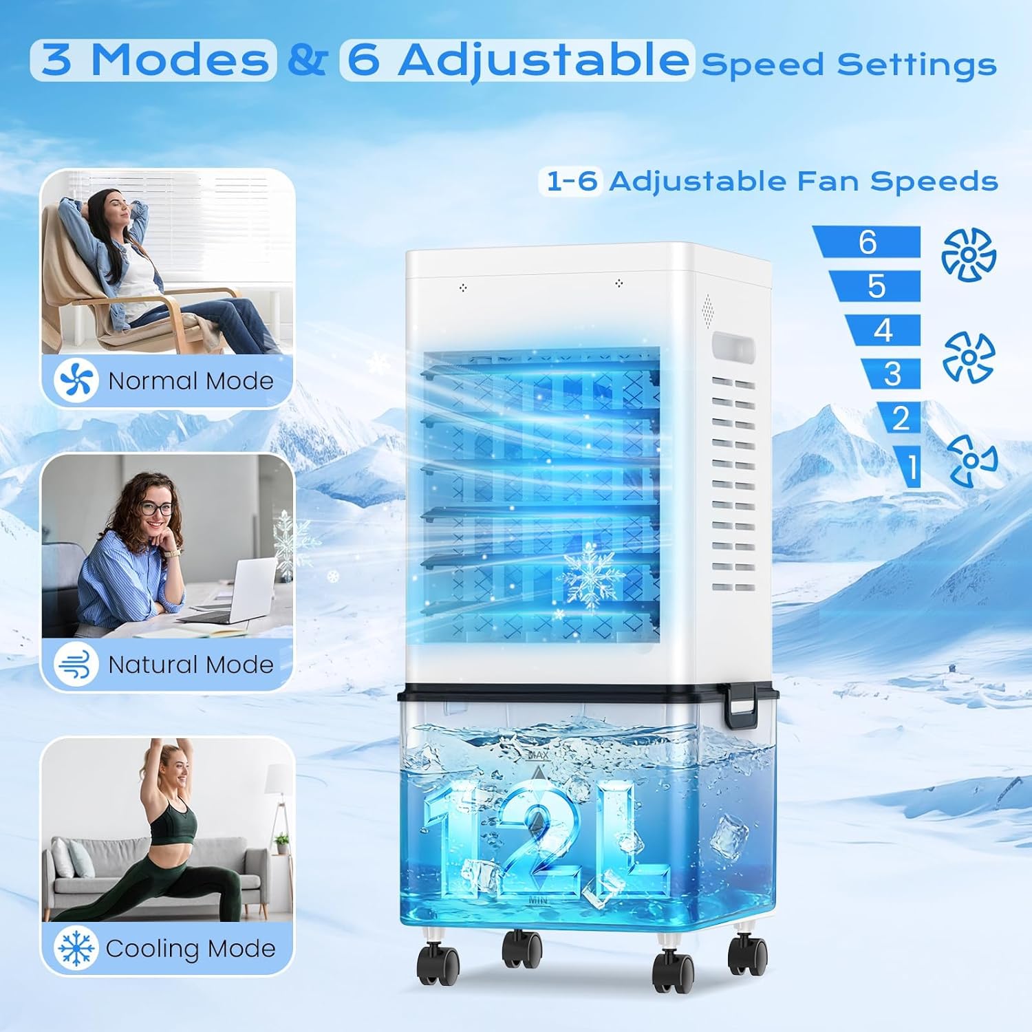 Detalle 2 de Klimaanlage Mobil 45W – Tragbarer Verdunstungskühler mit 12 L Tank, 3-seitiger Lufteinlass, 6 Geschwindigkeiten, 24 h Timer, 60/120° Oszillation
