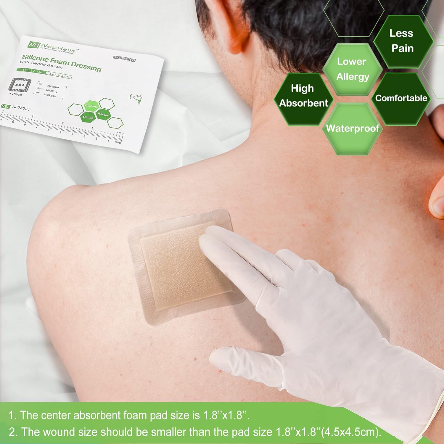 Thumbnail 3 de NeuHeils Silicone Adhesive Foam Dressing 3''x3'' (10 Packs) for Bed Sore & Diabetic Ulcer Wounds