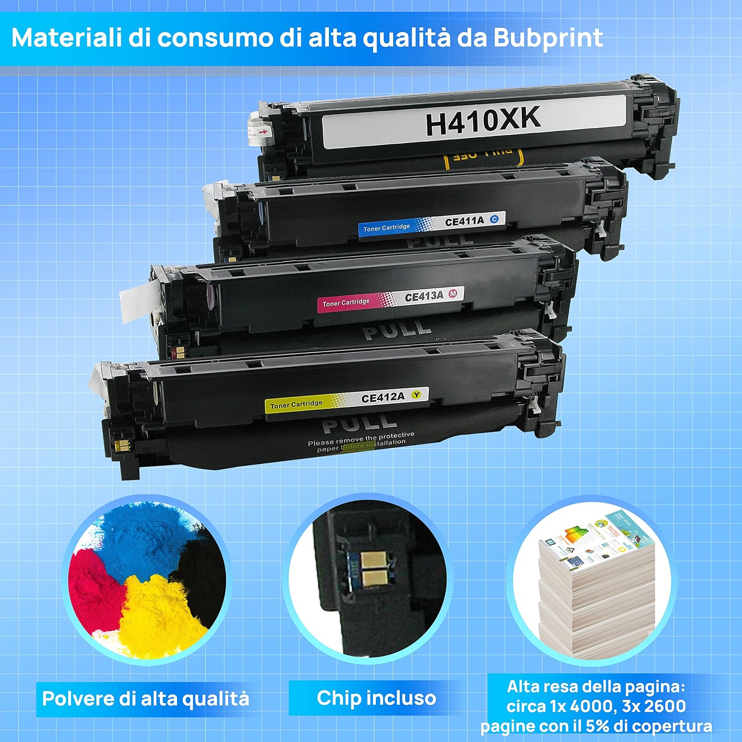 Thumbnail 2 de Bubprint 4 Cartucce Toner compatibili per HP CE410X CE411A CE412A CE413A | LaserJet Pro 300/400 Color