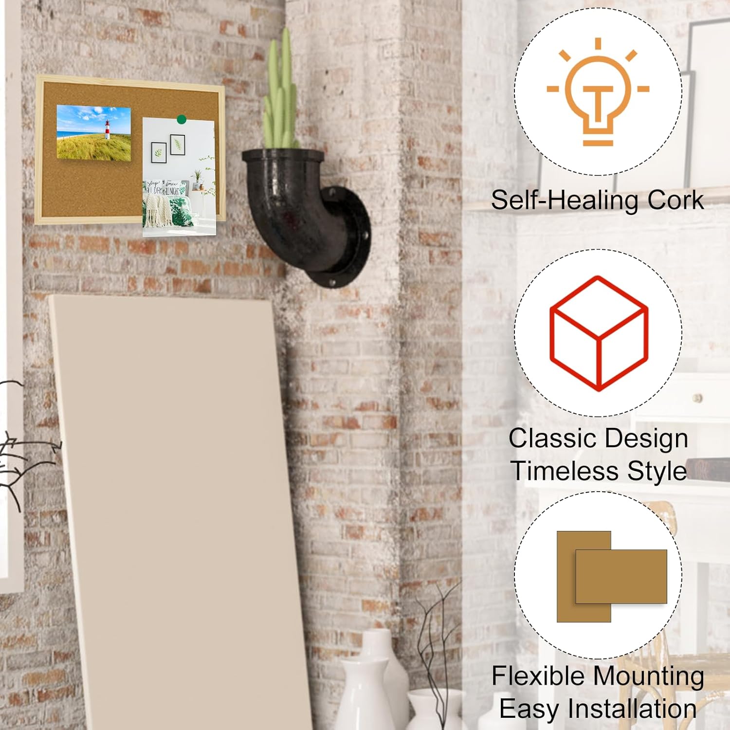 Thumbnail 3 de OWLKELA 60x40cm Thicken Cork Notice Pin Memo Board with 10 Pushpins and Hanging Rings