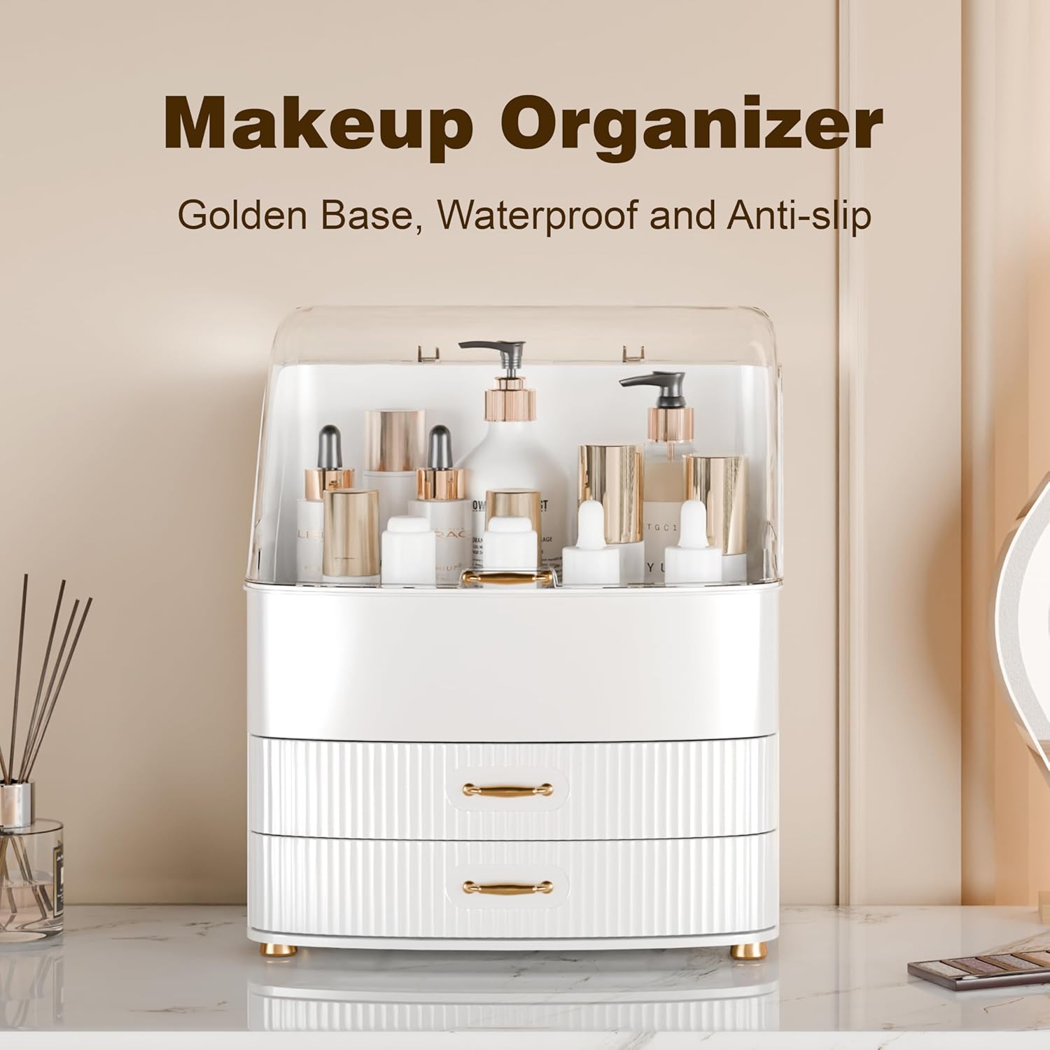 Detalle de LURCNS Makeup Organiser with Drawers – Skincare Storage Box with Lid, White