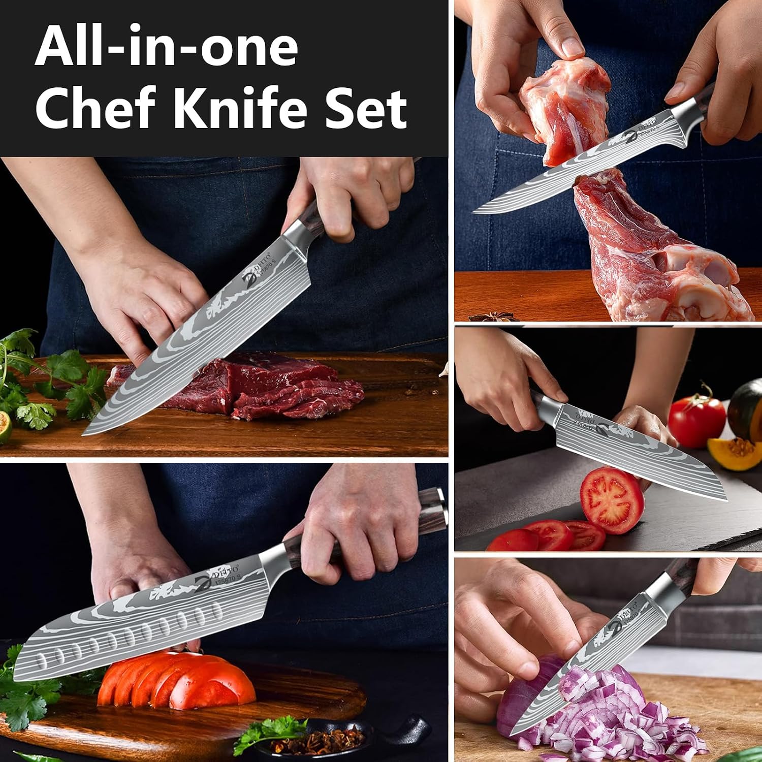 Detalle 1 de Dfito Kitchen Knife Set-Red, 9-Piece Set with Roll Bag and Sharpener
