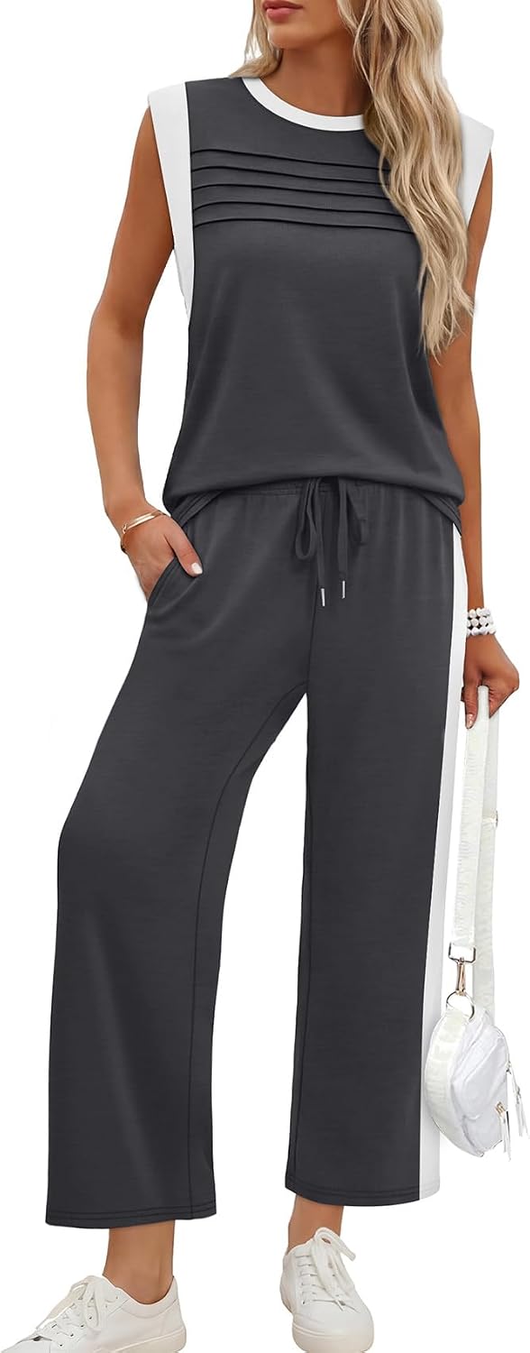 Detalle de WIHOLL Two-Piece Lounge Set for Women (Cap Sleeve Top + Side Slit Wide-Leg Pants), S-3XL