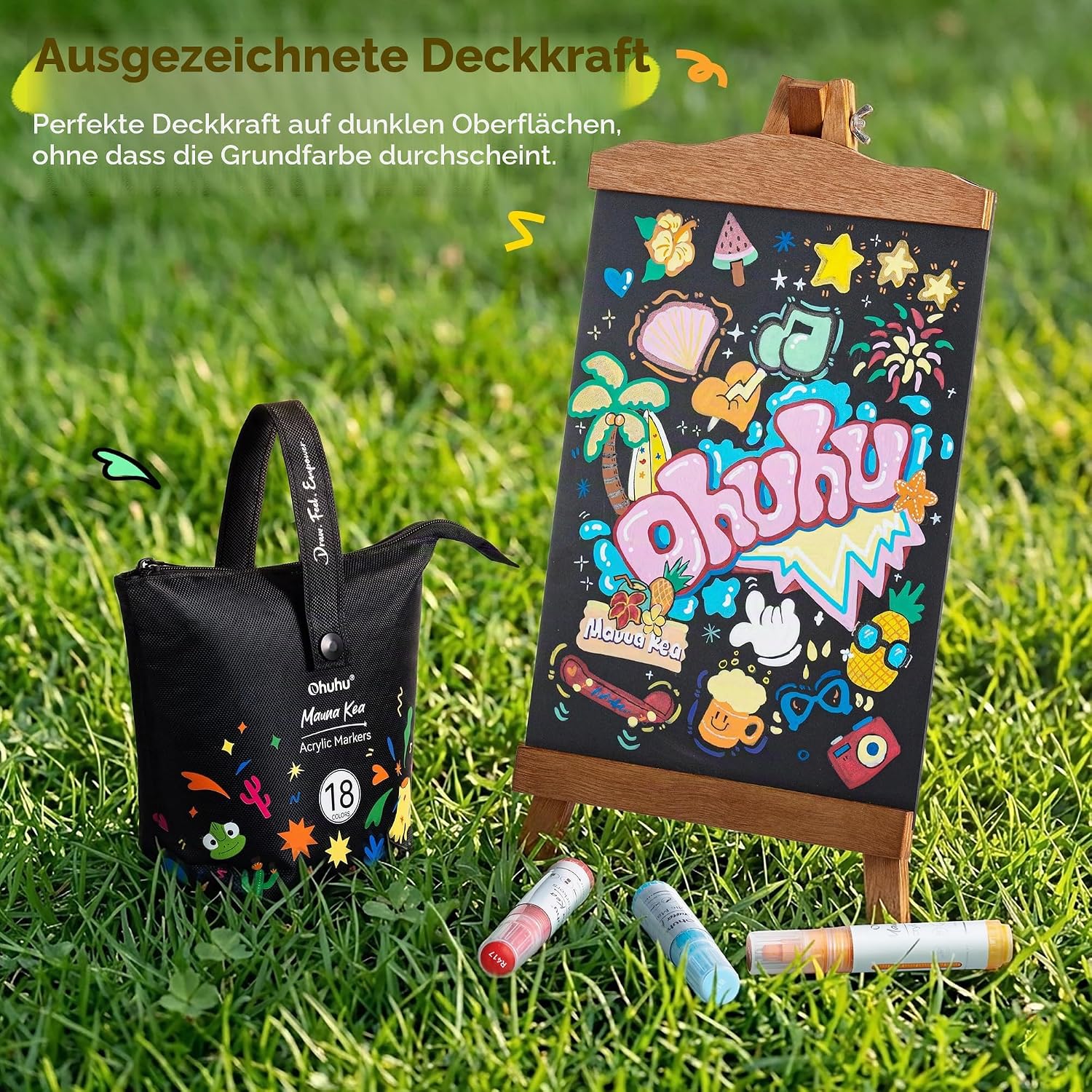 Detalle de Ohuhu Acrylstifte nachfüllbar – 18 Farben, 7 mm Meißelspitze/2 mm Wendespitze, wasserfest & lichtbeständig – Mauna Kea
