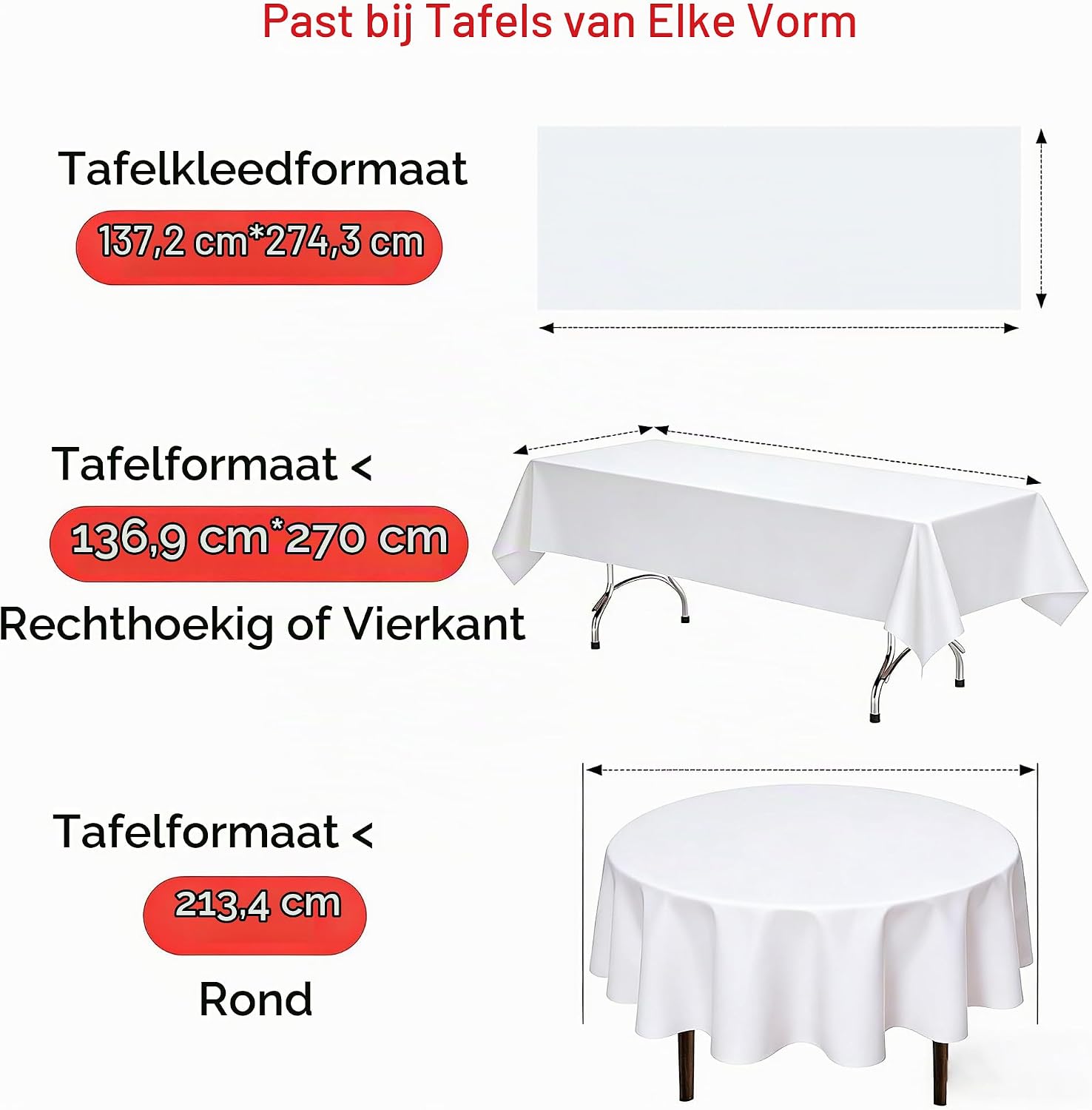 Detalle de KAshack wit PEVA-tafelkleed, rechthoekig 137 x 274 cm, 10 stuks