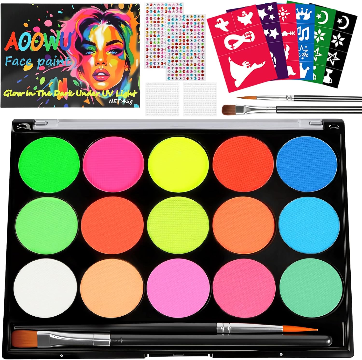 AOOWU Body Painting kit viso e corpo con 15 colori neon, 41 stencil e glitter adesivi
