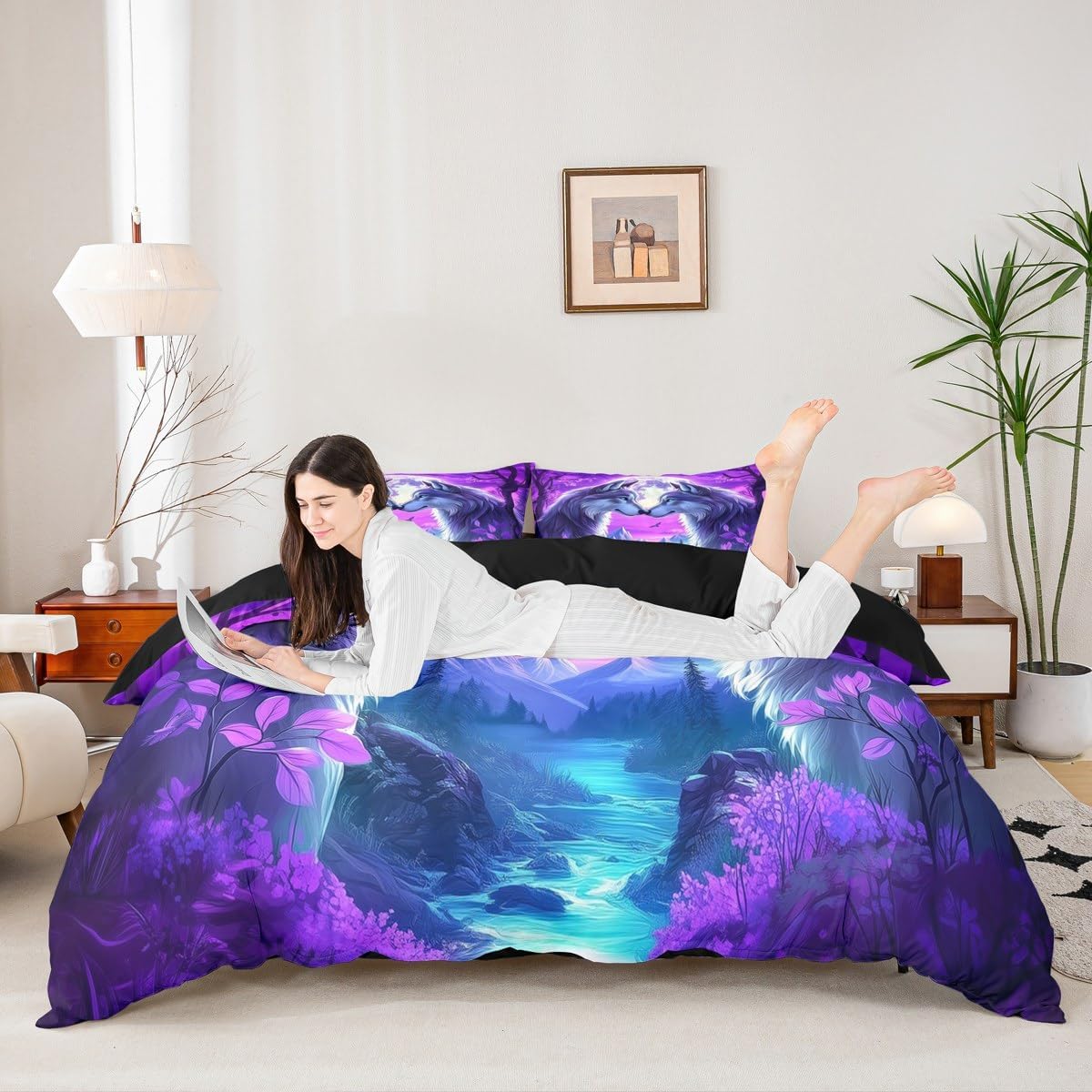 Thumbnail 2 de Homewish Wolf Bettwäsche-Set 135x200 cm lila mit Motiv (Wolf, Mond & Wildtiere)