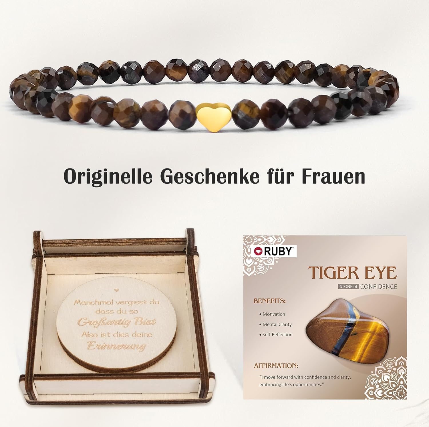 Thumbnail 1 de Ruby Edelstein-Armband für Damen – Tiger Eye, 4 mm Perlen, 18K vergoldetes Edelstahlherz, elastisch, Geschenkbox aus Holz