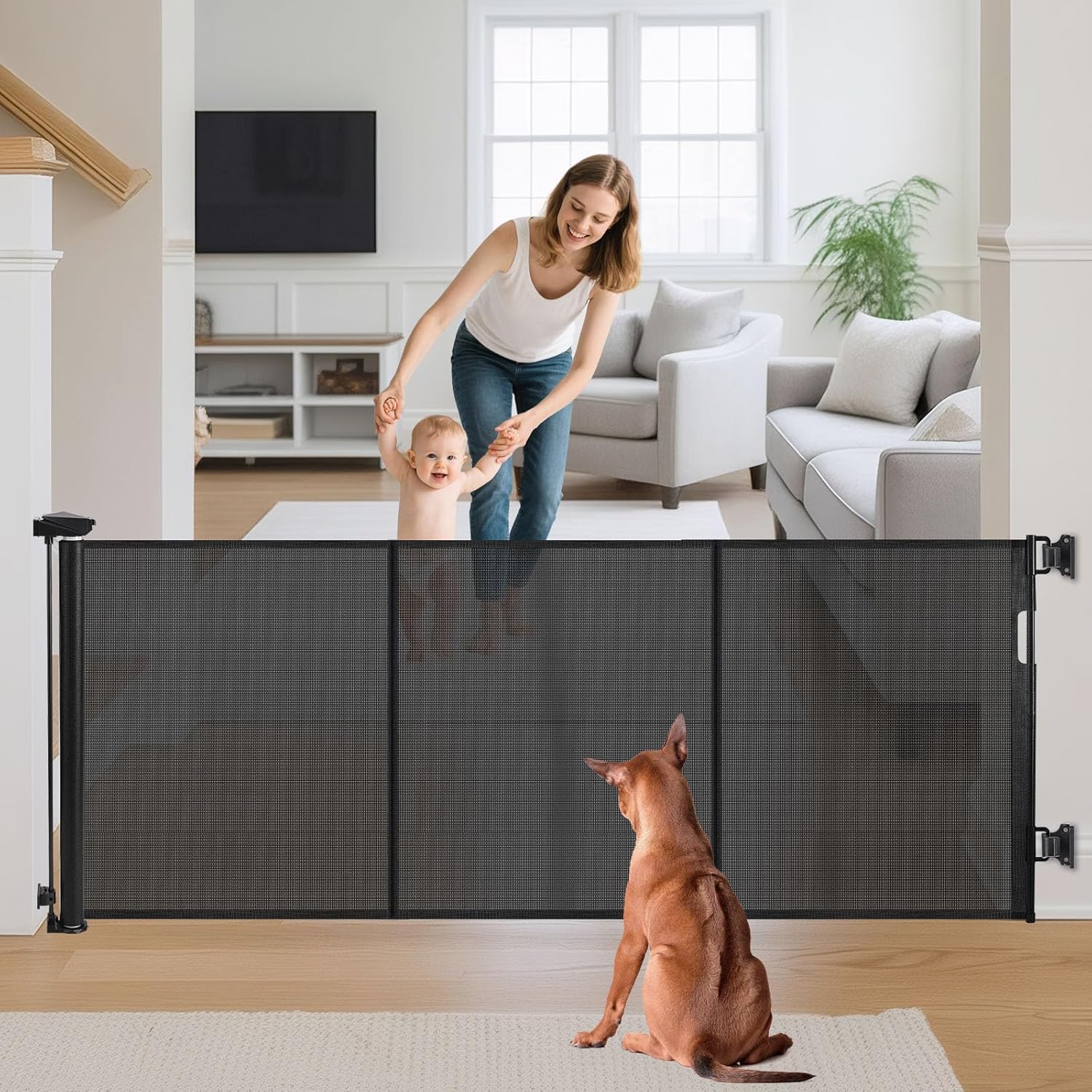 Retractable Stair Gate for Baby and Dog Gate – 150 cm Reach, 86 cm Tall, One-Hand Operation (Black, 2M)
