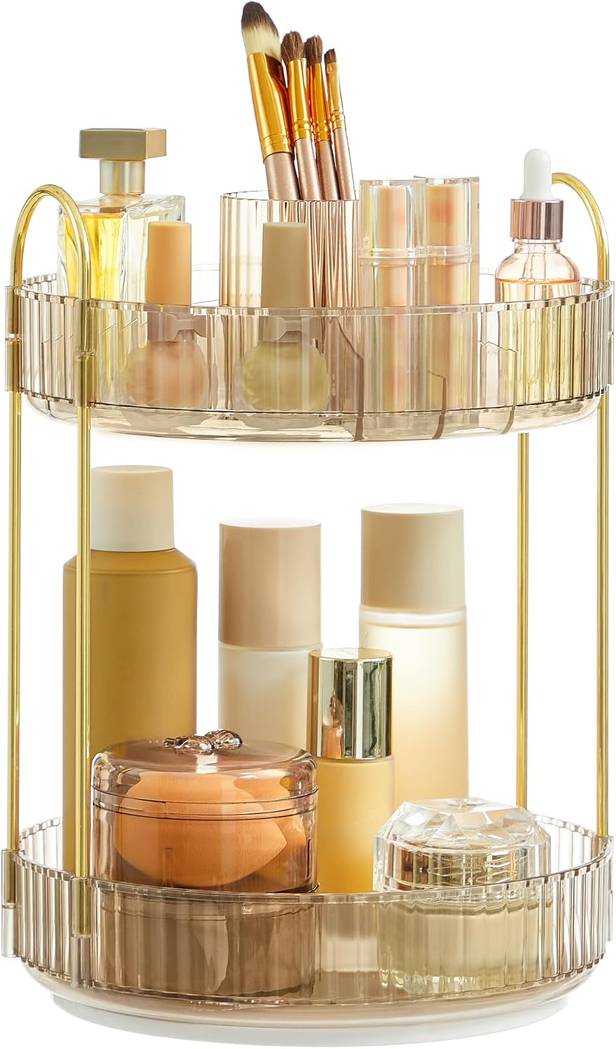 Detalle de SONGMICS Makeup Organiser Rotating, 2-Tier Round Skincare Organiser (JKA012A01) – Champagne Gold