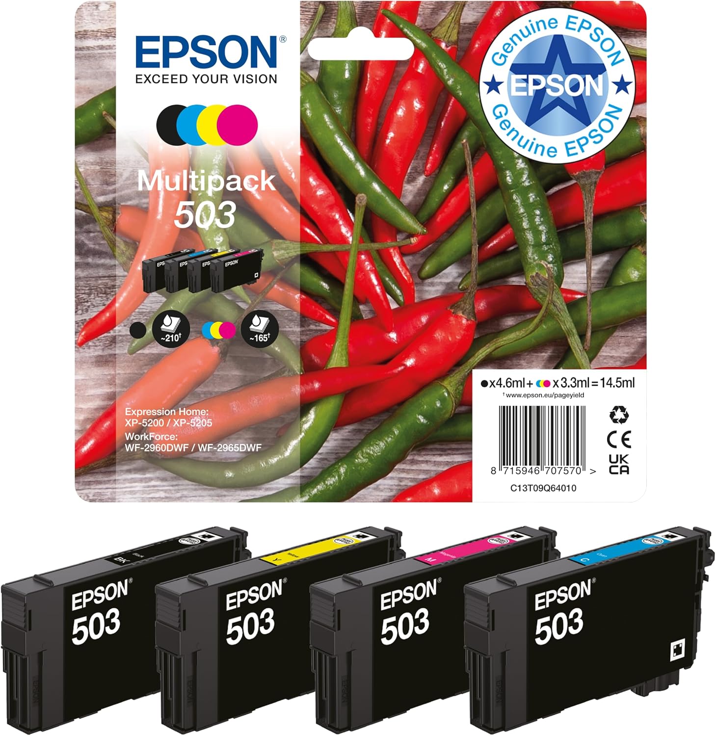 Detalle de Epson 503 Chillies Genuine Multipack — 4-Colour Ink Cartridges in Eco-Friendly Packaging