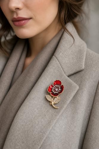 Detalle 2 de Jewellbox Red Poppy Flower Brooch in Alloy and Enamel, Red and Gold-Tone