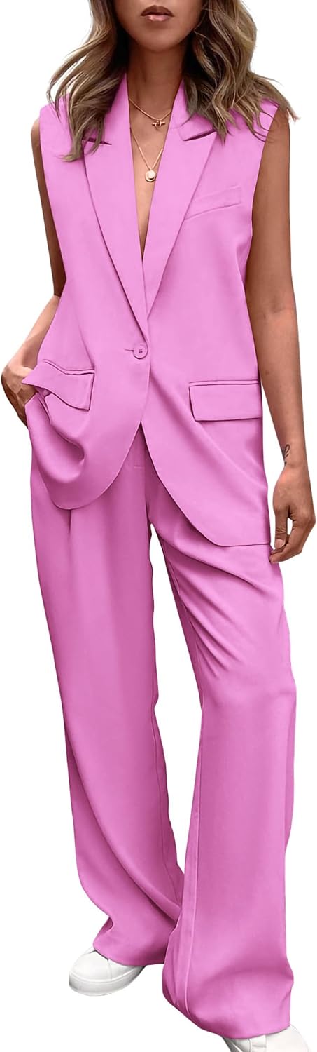 Detalle de PRETTYGARDEN Women’s 2-Piece Sleeveless Vest Blazer + Wide-Leg Pants Suit Set