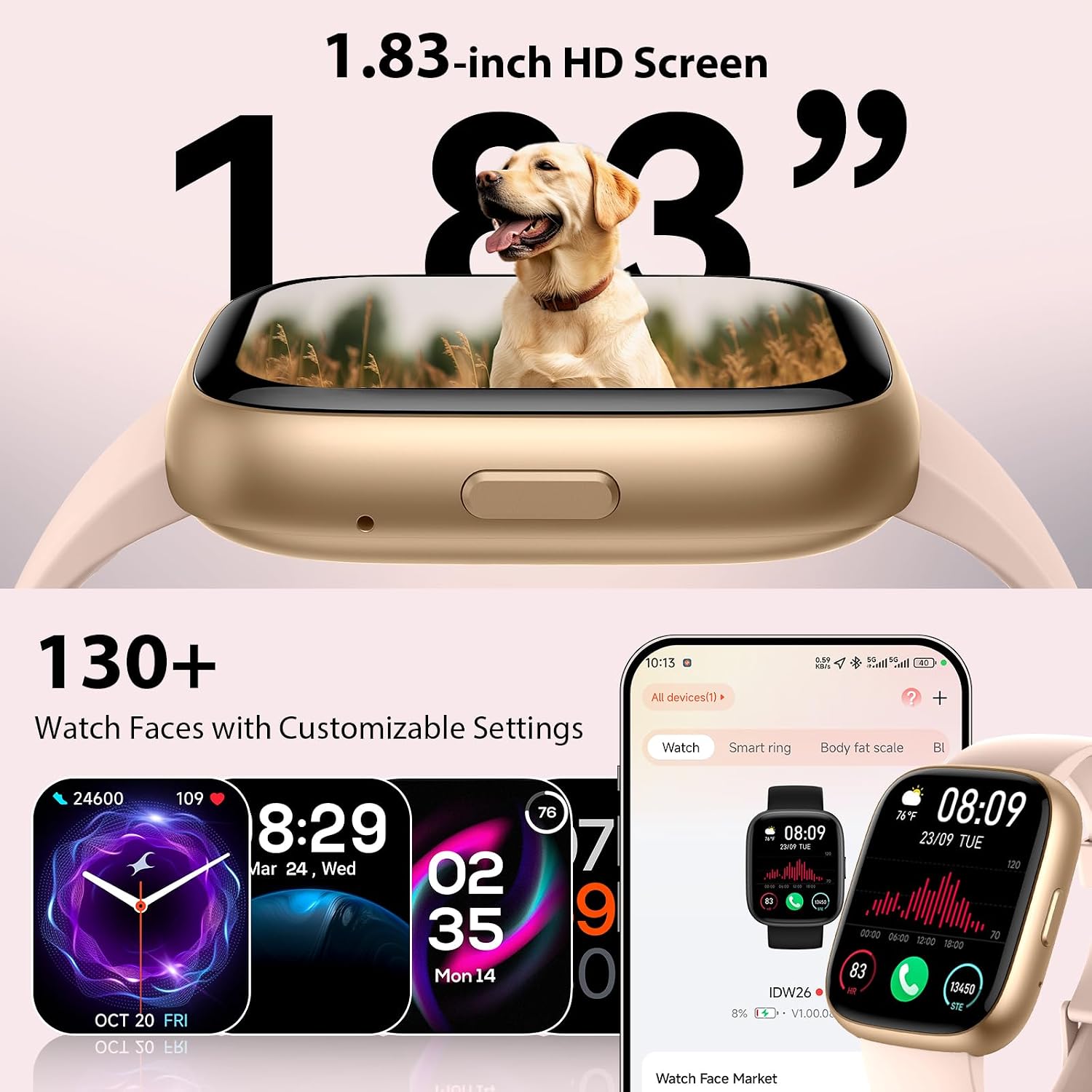 Detalle de Cillso Smartwatch Damen/Herren 1.83" HD Fitness Tracker mit Alexa und Telefonfunktion – Rosa