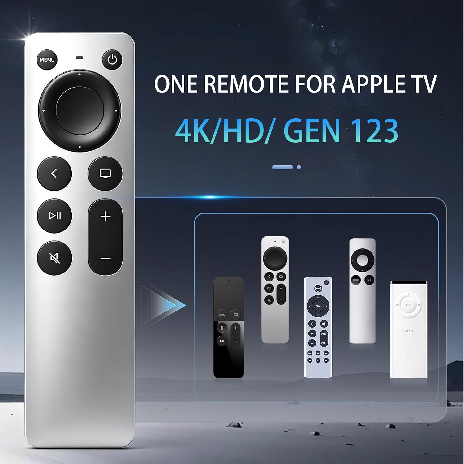 Detalle de Universal Replacement for Apple TV Remote: 2-in-1 TV & Apple TV Control (4K/HD Gen 1–3) – Silvery-White