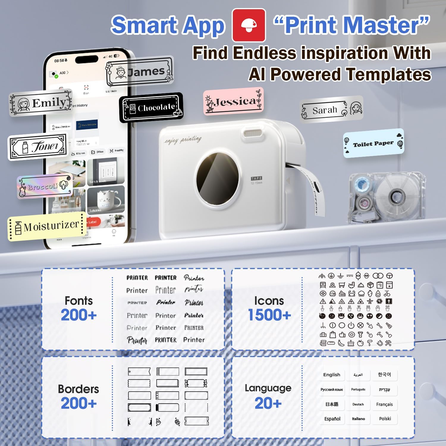 Detalle 1 de Phomemo A30 DE-A30-WH-PRIMTER labelprinter, Bluetooth, thermisch, 300 dpi
