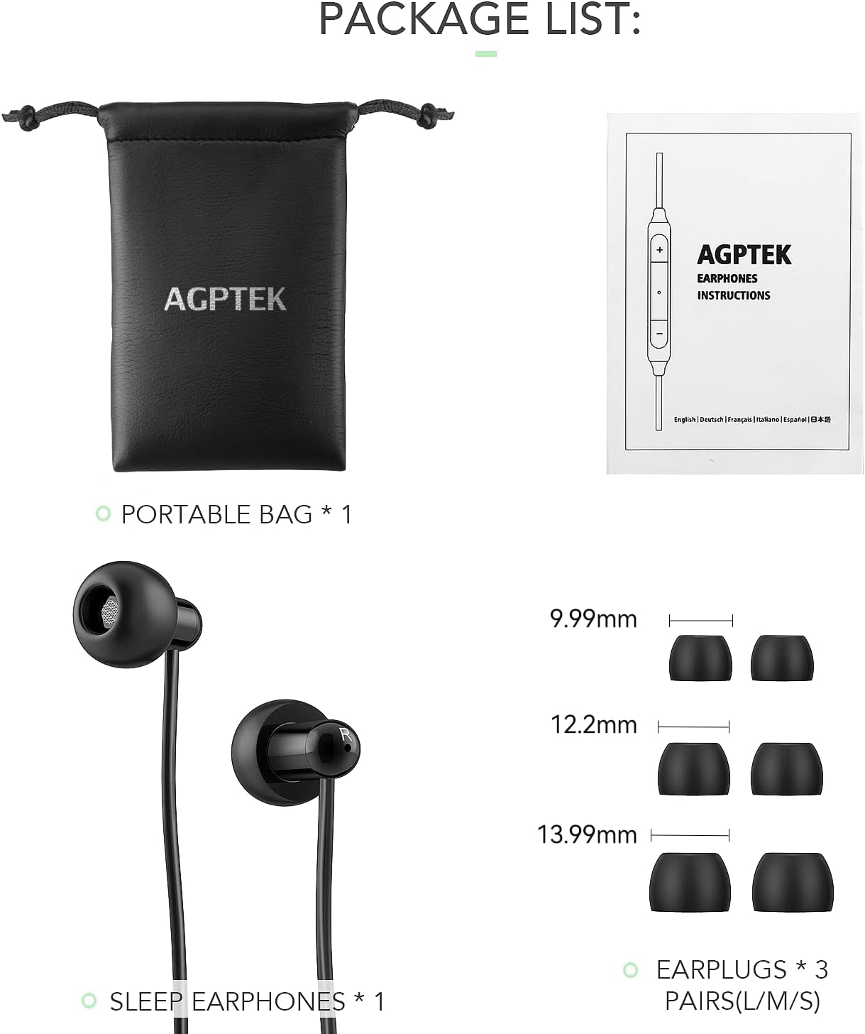Detalle 2 de AGPTEK Schlafkopfhörer – In-Ear-Kopfhörer mit 3 Paar Ohrstöpsel (S/M/L), 3,5 mm Kabel, ideal zum Schlafen, Reisen und Entspannung