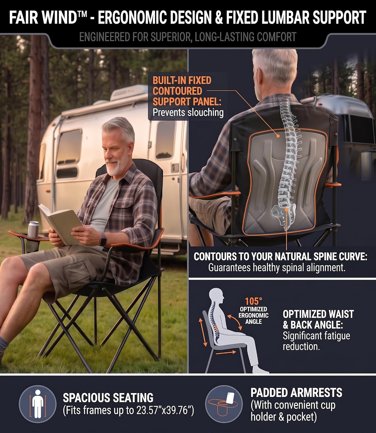 Detalle de FAIR WIND Camping Chair 2 Pack: Heavy-Duty, Fully Padded Seat with Side Pocket and Cup Holder
