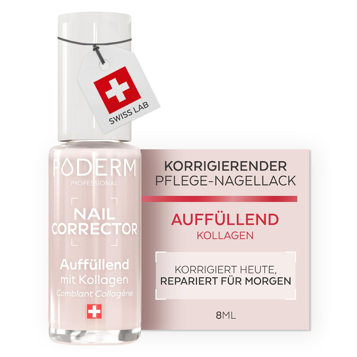 Detalle de PODERM Nagellack Pflege Corrector & Perfector mit Kollagen – glättet und kaschiert Nagelrillen (8 ml)