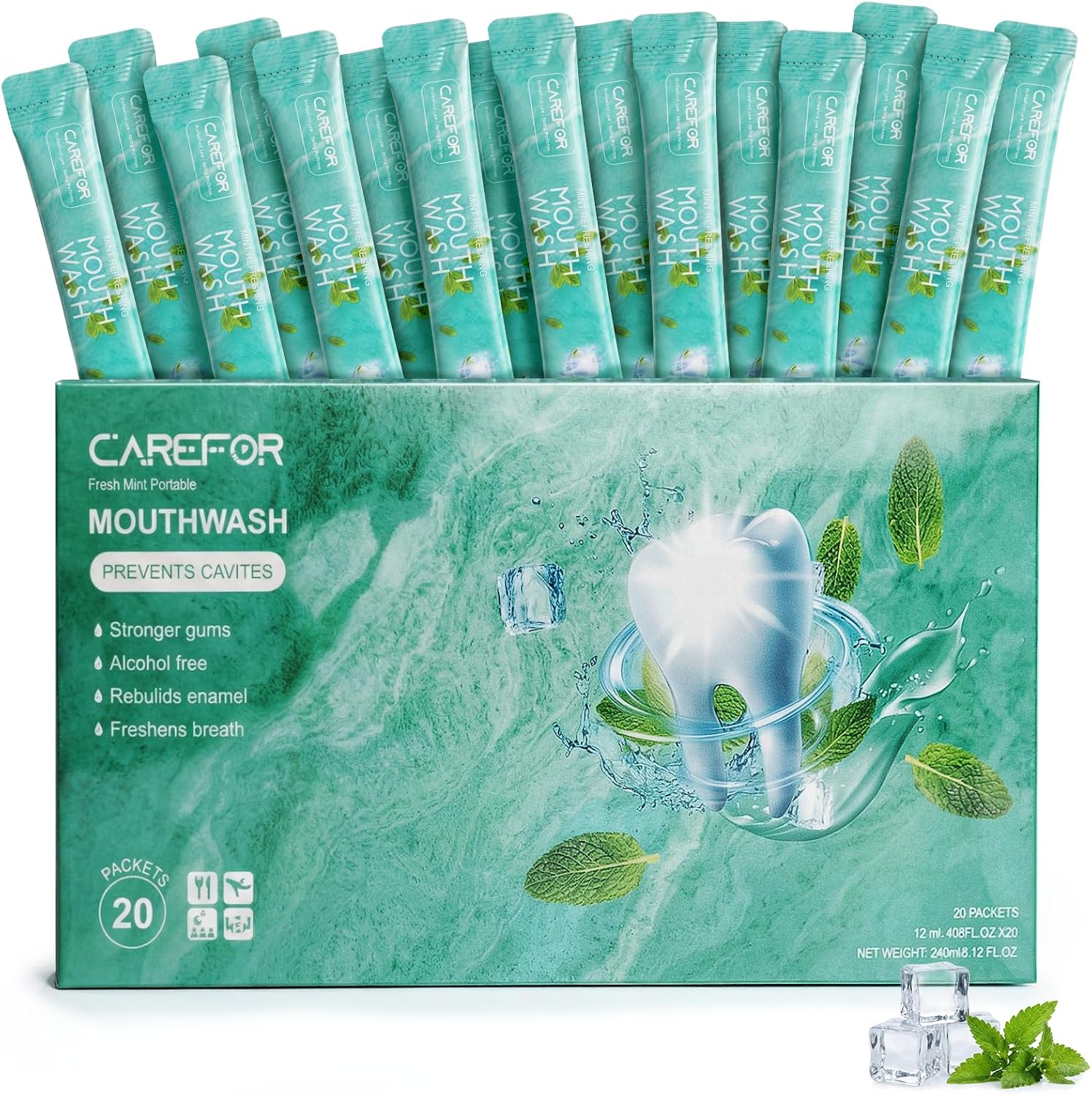 Mouthwash Travel Size Strips — 20 Pack, Icy Mint, Alcohol & Fluoride Free, On-The-Go Breath Refresh