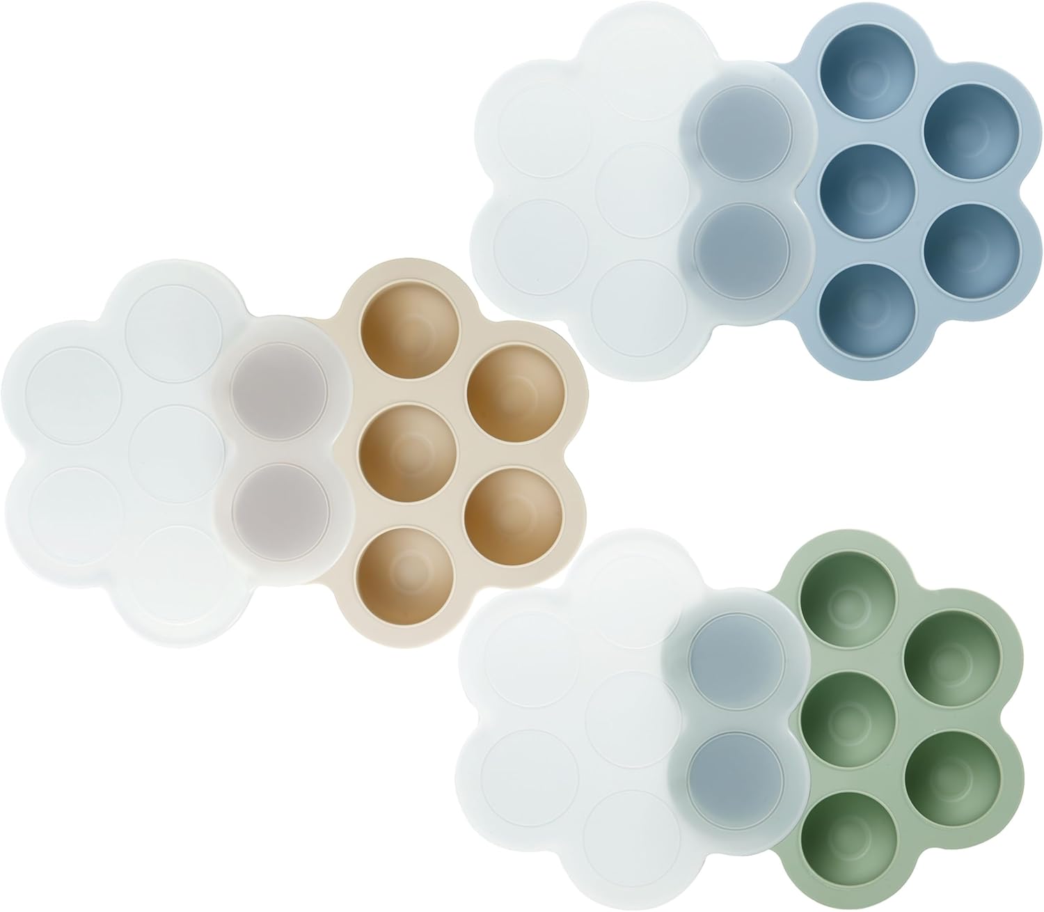 PandaEar 3 Pack Silicone Baby Food Freezer Tray with Lids (7 pods, non-stick) – Blue/Green/Carnation