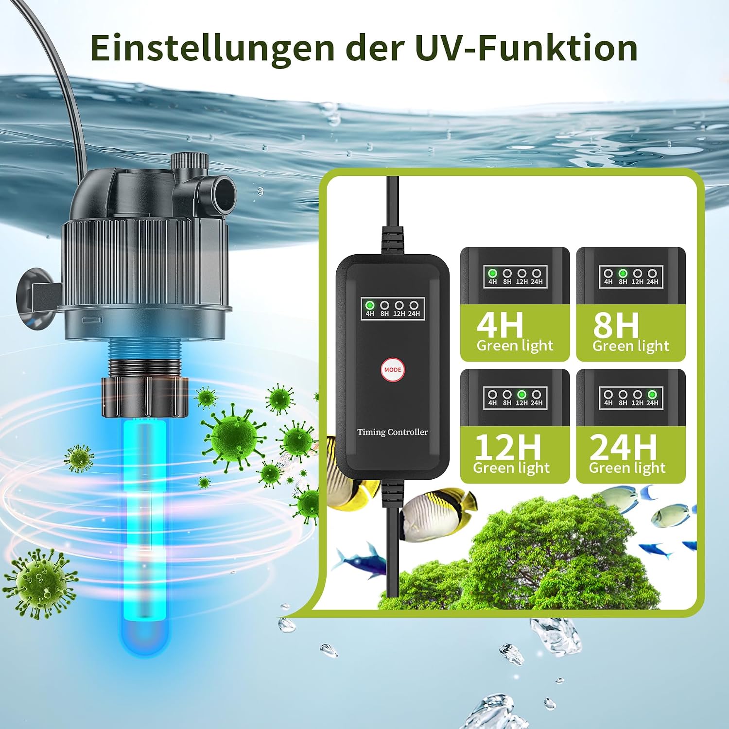 Detalle de Forever Speed 5-in-1 Innenfilter mit UV 3W – inkl. Durchflussregler, Regenbrause & 180° Auslass für 40–120 L-Aquarien
