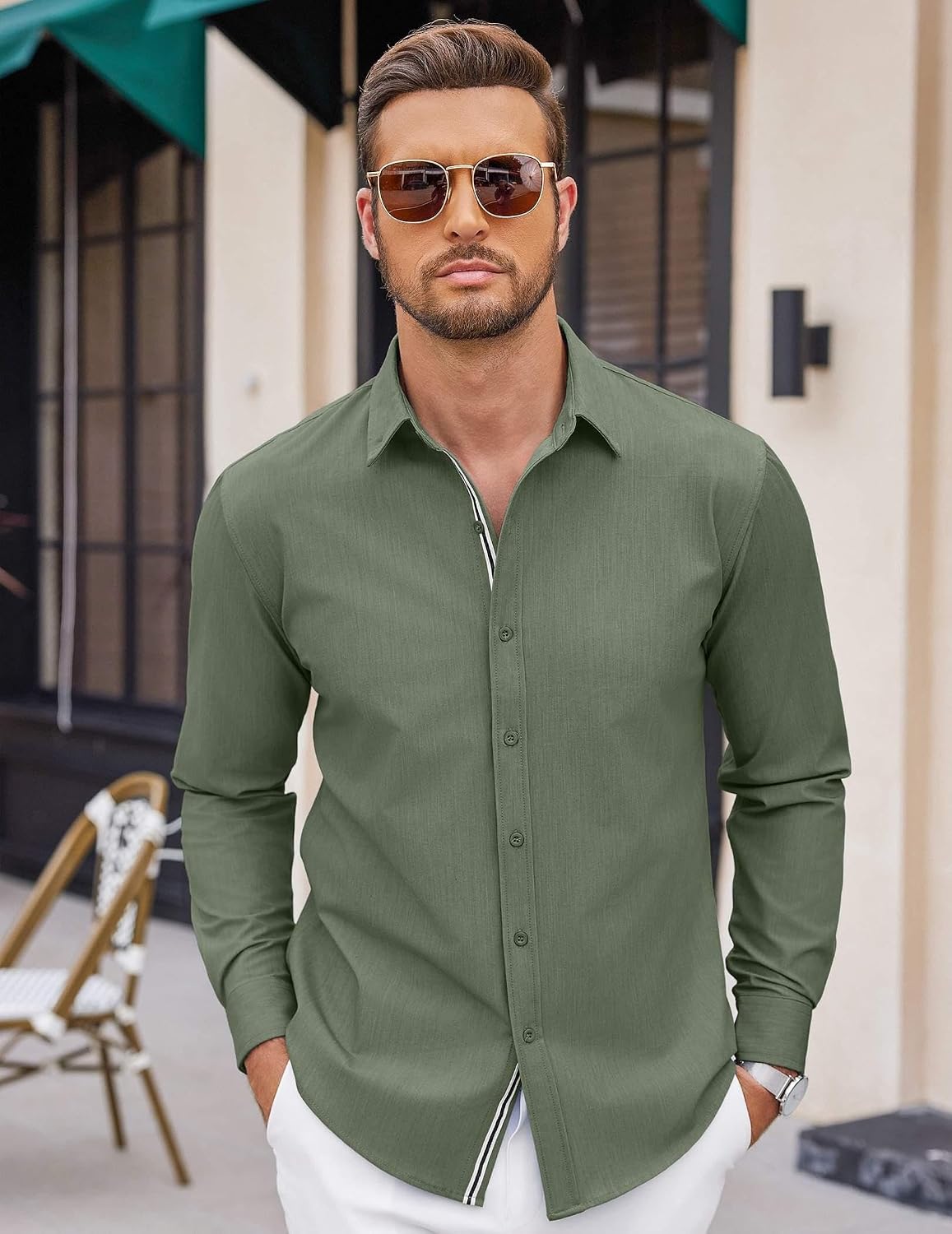 Detalle de COOFANDY Men’s Casual Button-Down Untucked Long Sleeve Stretch Denim-Style Dress Shirt