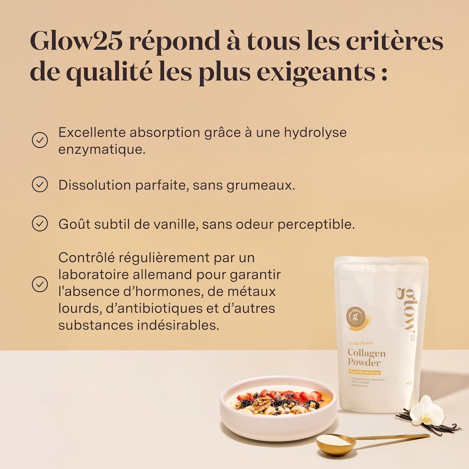 Thumbnail 2 de Collagène en poudre Vanille Glow25® [450g] – L'Original, Hydrolysat premium de peptides Type 1 et 3