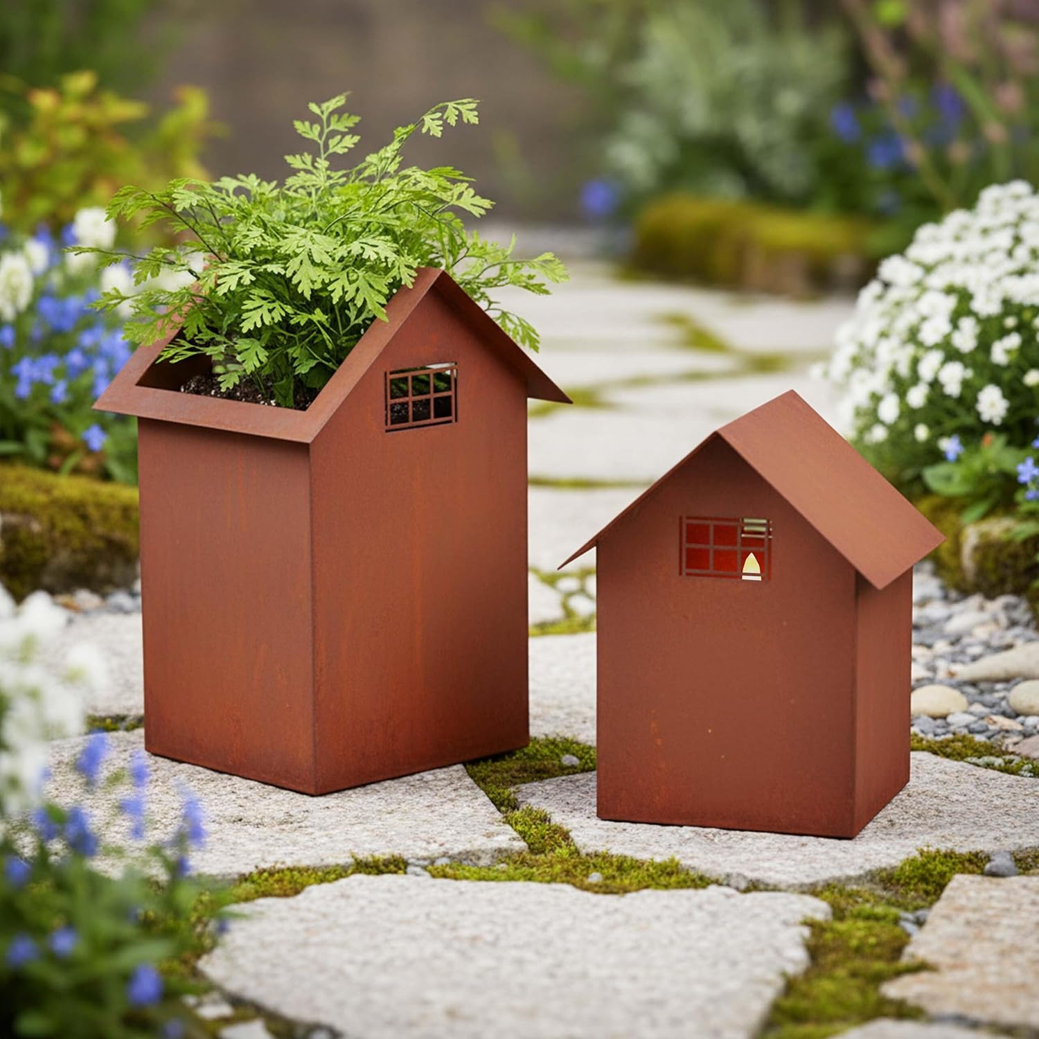 Detalle de Relaxdays dekorationshus i stål, 2-pack med rostfinish för blommor och ljus