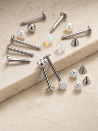 Detalle 2 de CIZME Labret Piercing 16G 1,2 mm Chirurgenstahl Silber Set – 12 Stäbe + 14 Kugeln