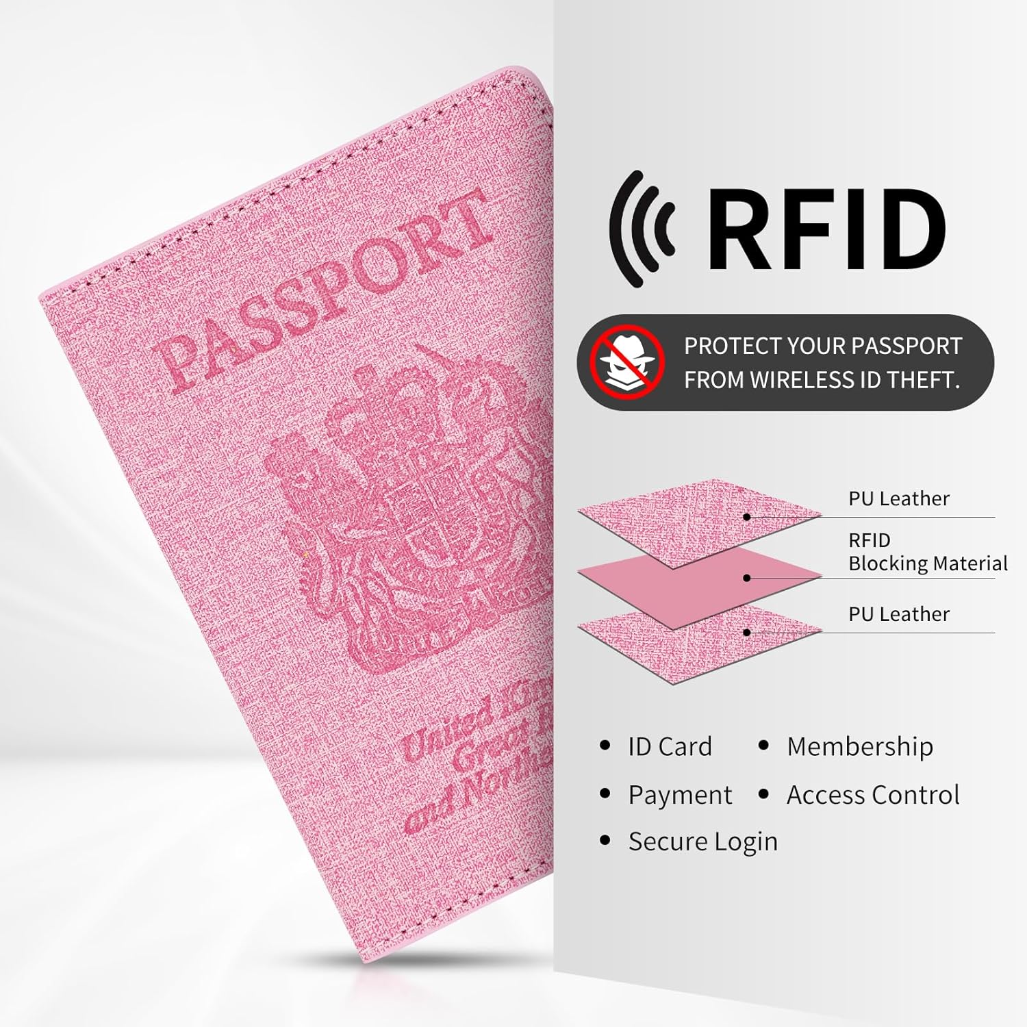 Thumbnail 2 de Cinocratic RFID Blocking Passport Holder Cover & Travel Wallet – Pink PU Leather Organiser for Cards, Boarding Pass and ID