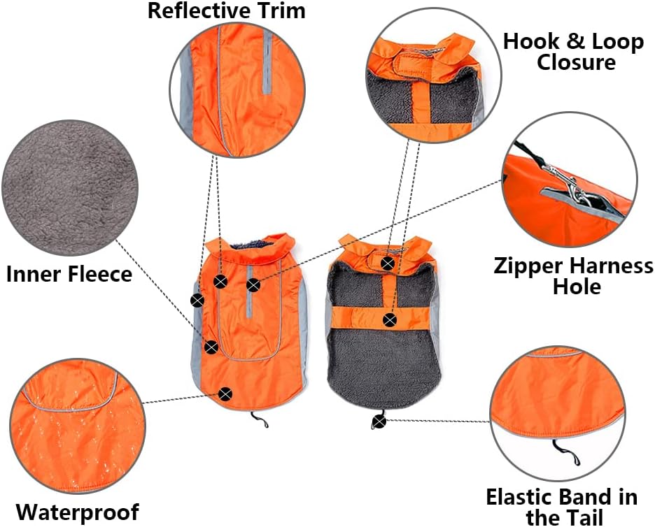 Detalle de Morezi Dog Warm Coats Jacket - Waterproof Coat with Harness Hole for Small to Medium Dogs (Orange, Size S)