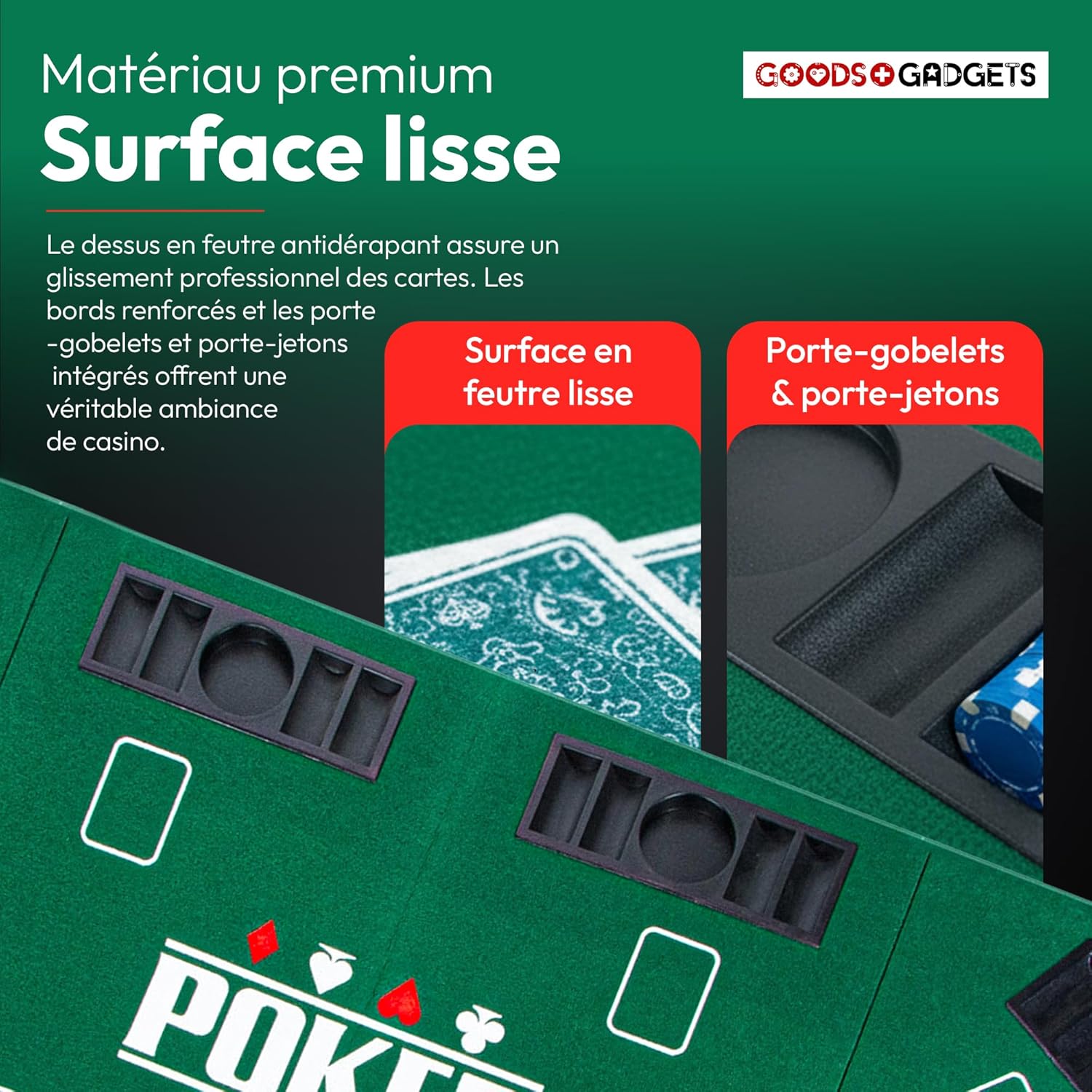 Thumbnail 2 de GOODS+GADGETS Tapis de table de poker XXL pliable en feutre (160 x 80 cm) avec 8 porte-gobelets