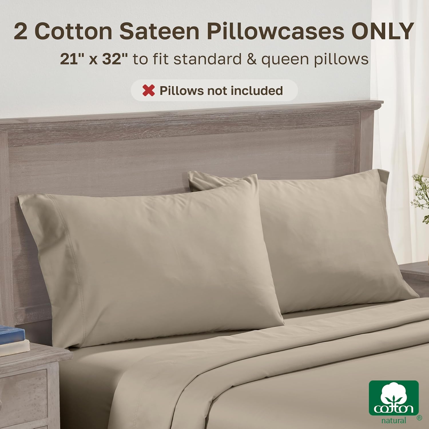Detalle de California Design Den 600 Thread Count Cotton Pillowcases, Standard/Queen, Taupe