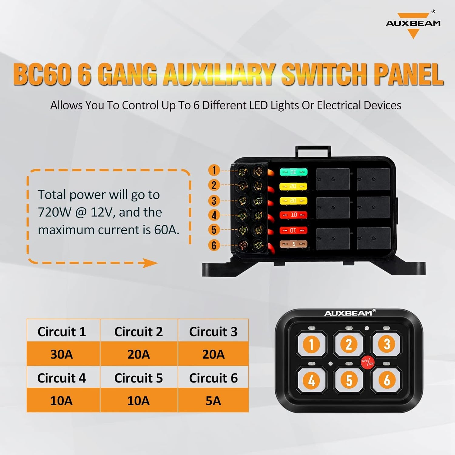 Detalle de Auxbeam BC60 6-gang switch panel for vehicle