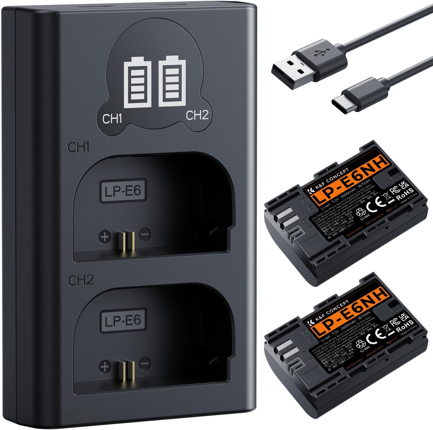 Detalle de K&F CONCEPT LP-E6NH Akku-Set (2 × 2600 mAh) mit Ladegerät – kompatibel mit Canon EOS R/R5/R6/R7 und mehr