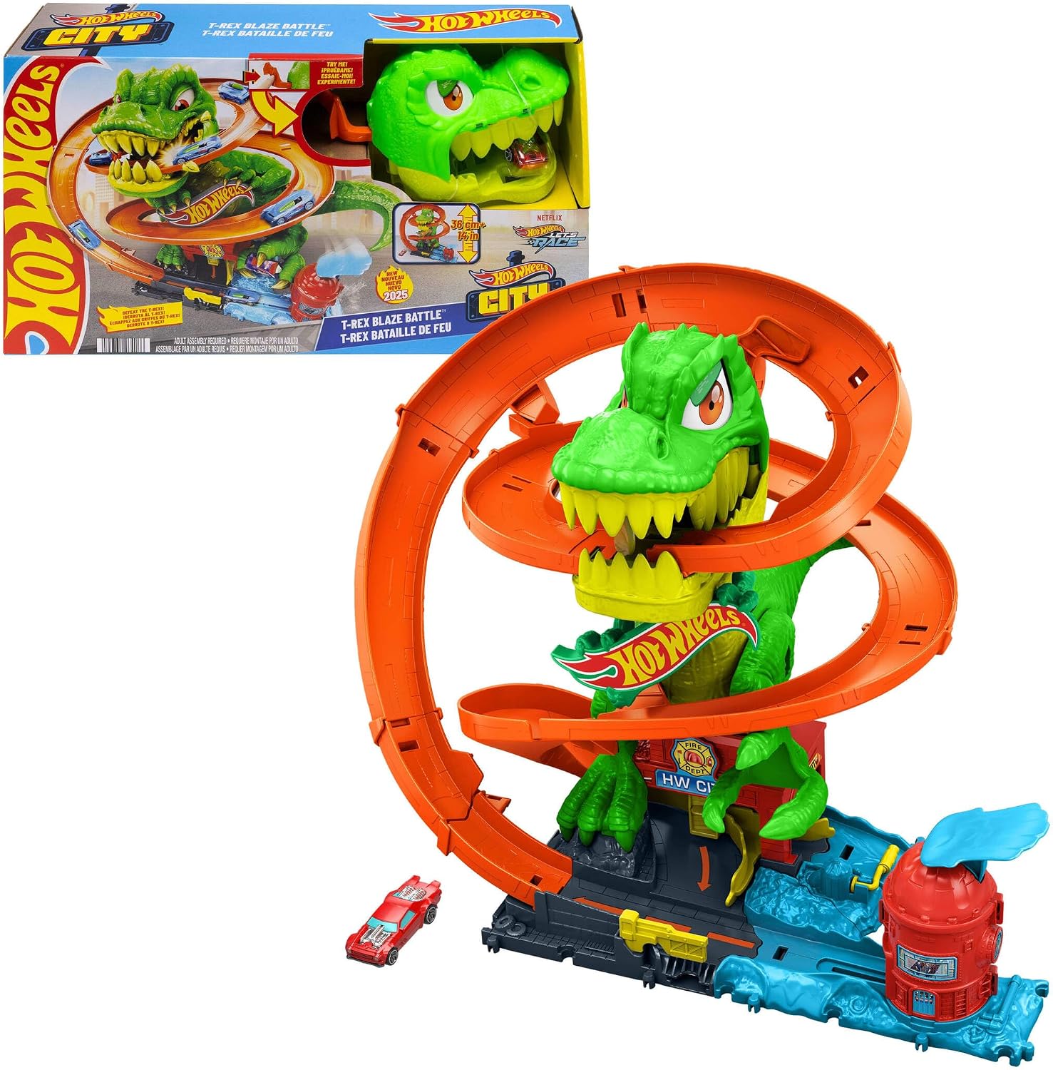 Detalle de Hot Wheels City T-Rex Blaze Battle & 1:64 Scale Die-Cast Toy Car