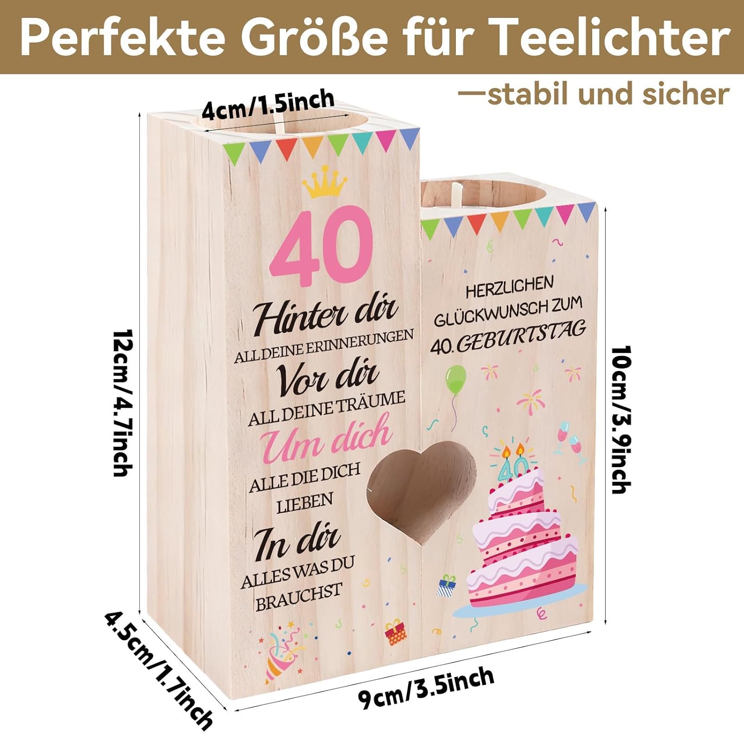 Detalle 2 de Belillpipi 40. Geburtstag Kerzenhalter-Set aus Holz – Herz-Design, zwei Halter mit Teelichtern