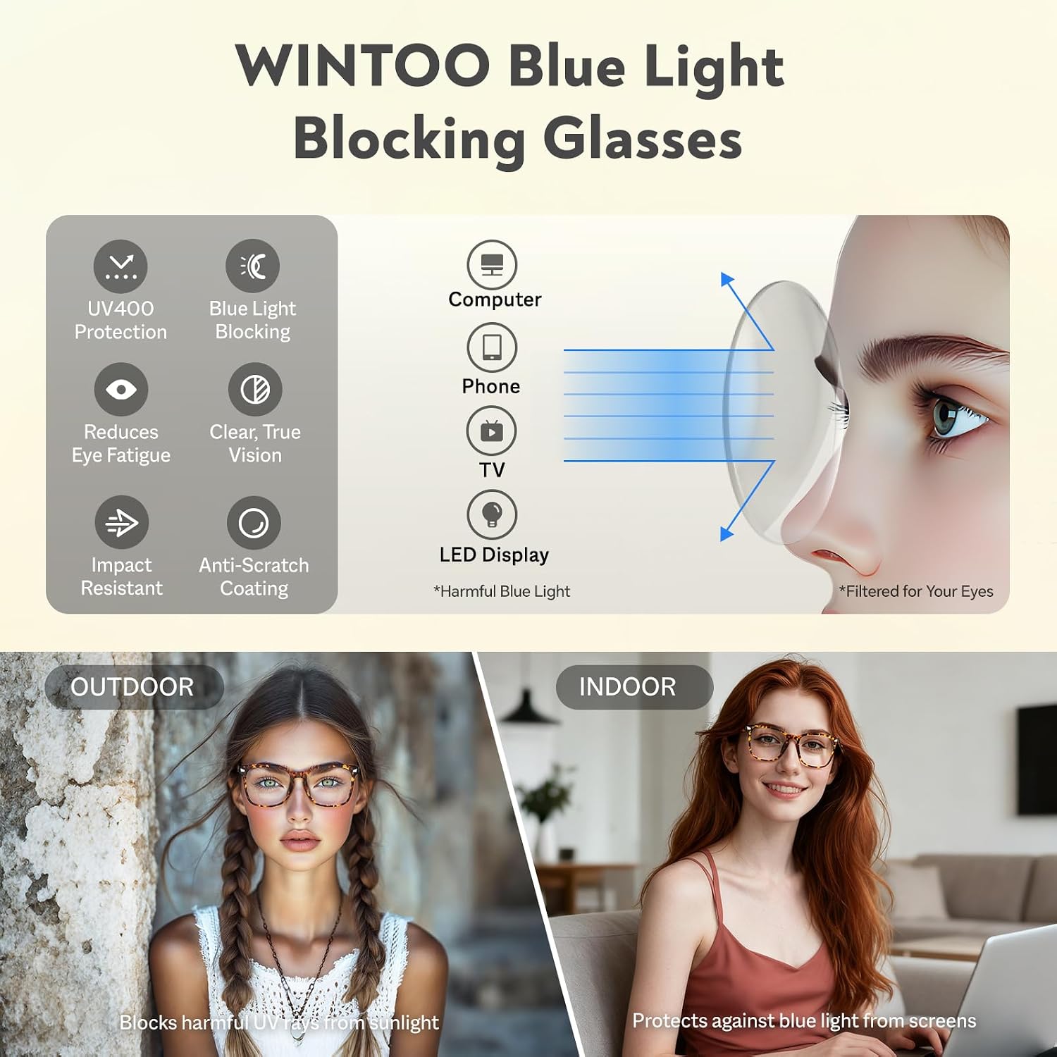 Detalle 2 de WINTOO Blue Light Glasses 2 Pairs for Computer Gaming