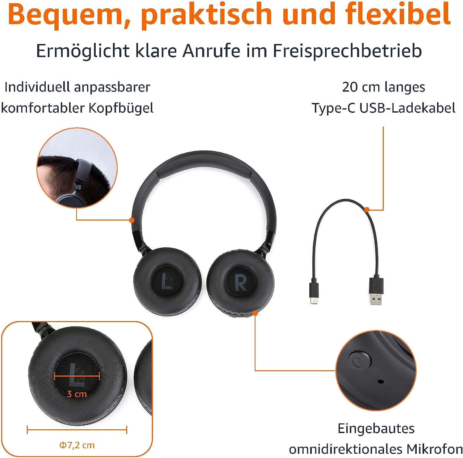 Detalle de Amazon Basics kabellose Bluetooth 5.1 Over-Ear-Kopfhörer – 35 Stunden Spielzeit, schwarz