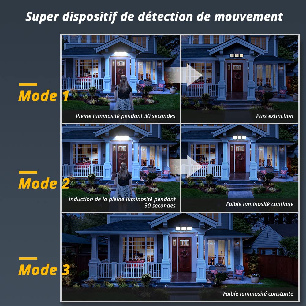 Detalle de OUSFOT Lampe Solaire Extérieure à 3 Têtes avec 180 LED et Détecteur de Mouvement – IP65