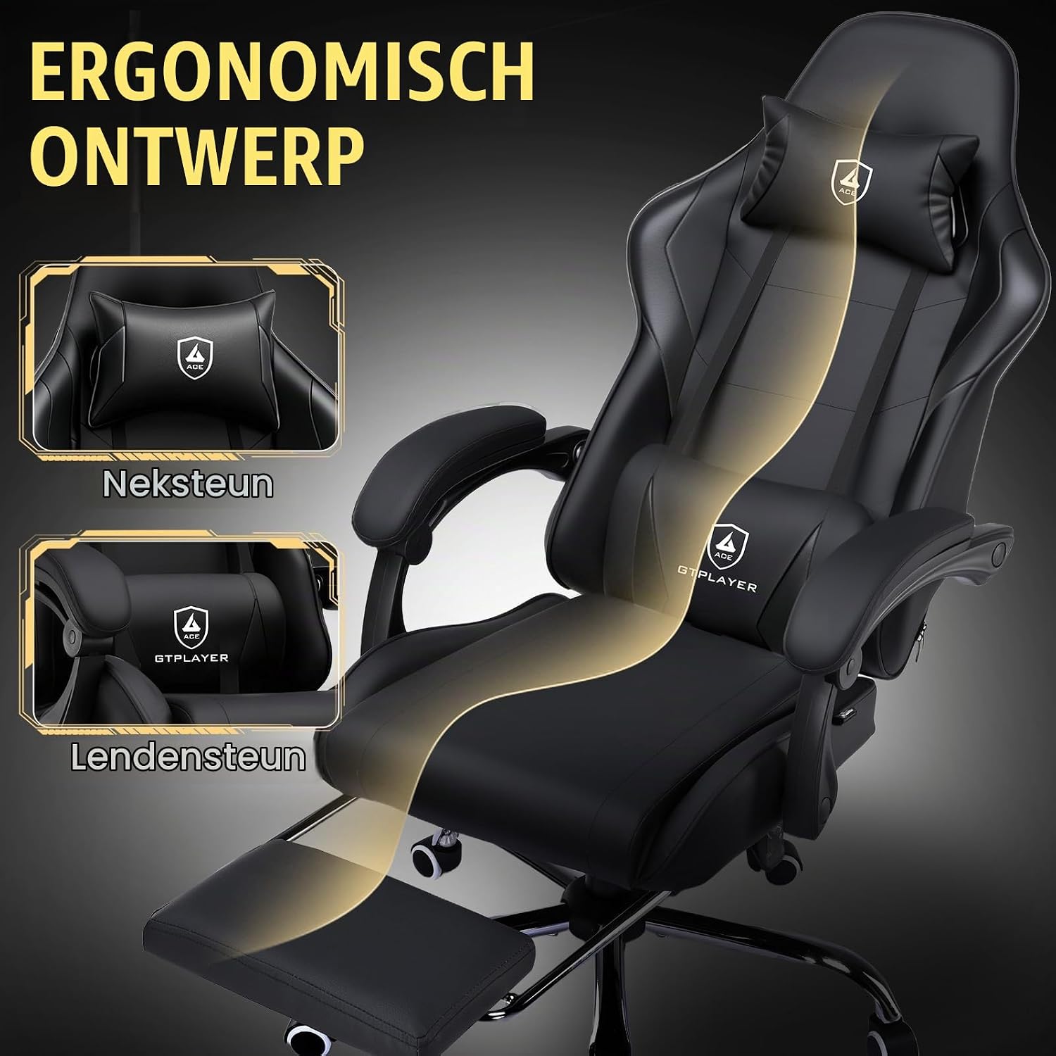 Detalle de GTPLAYER WDJ01-BLK gamingstoel met massage-lendensteun, voetensteun en zwart design